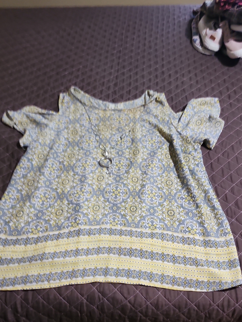 Tacera Yellow and Blue Short Sleeve Printed Blouse